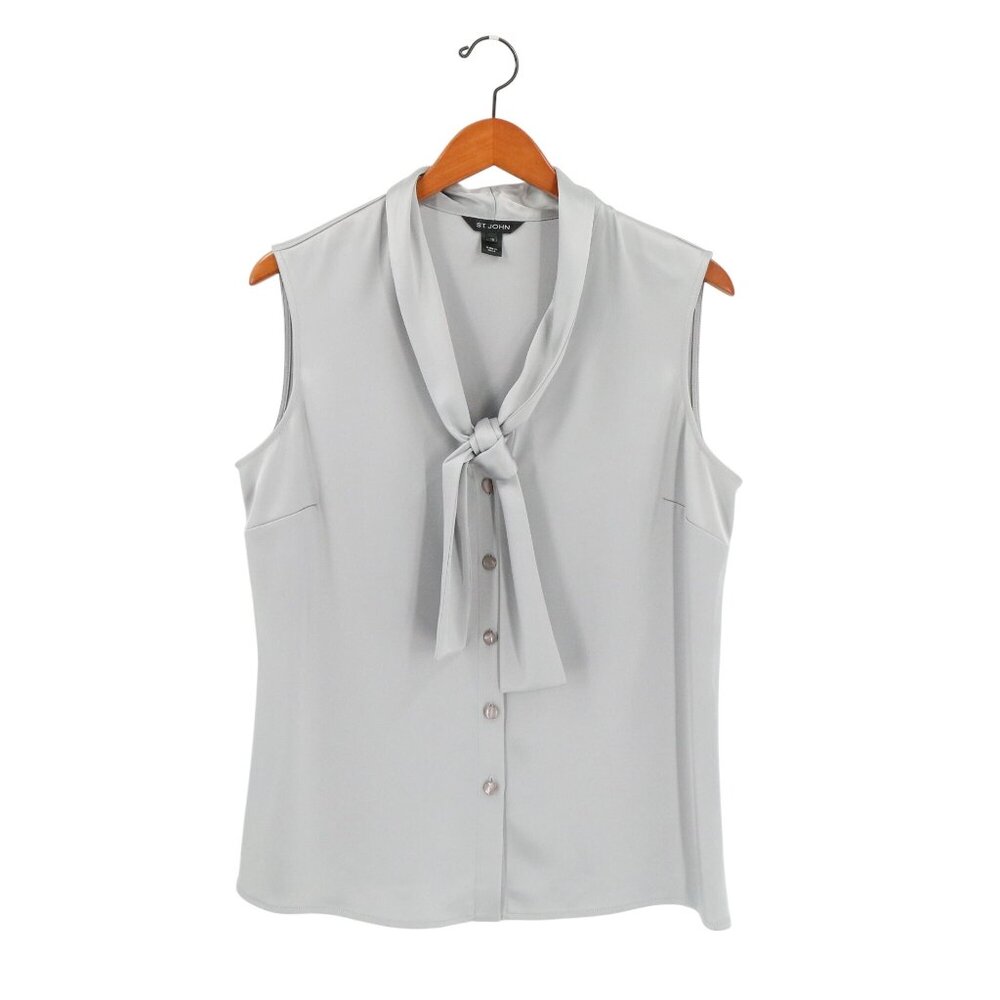 St. John Liquid Satin Silver Gray Tie Neck Sleeveless Button Front Blouse Top 10